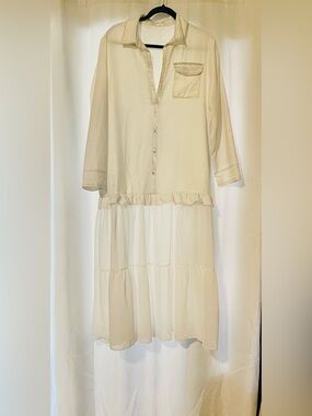 White Trompe L'oeil Printed Maxi Dress Chiffon Tiered Ruffle Hem Size L